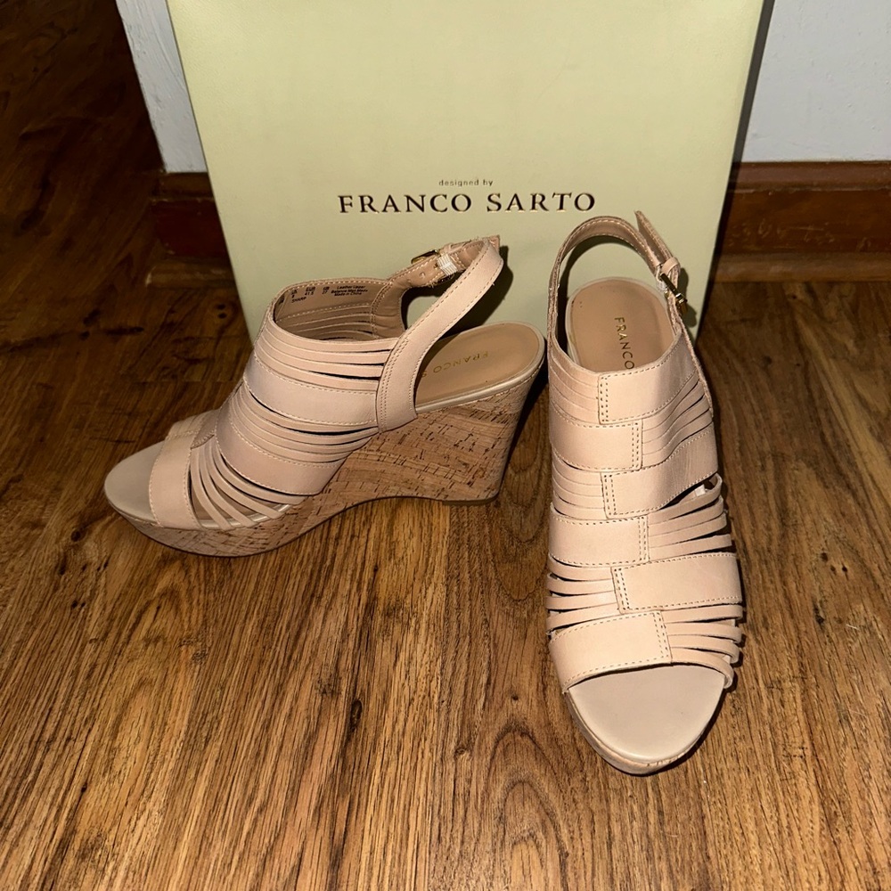 Franco Sarto wedge heels (4”), light tan in a size 10 medium.